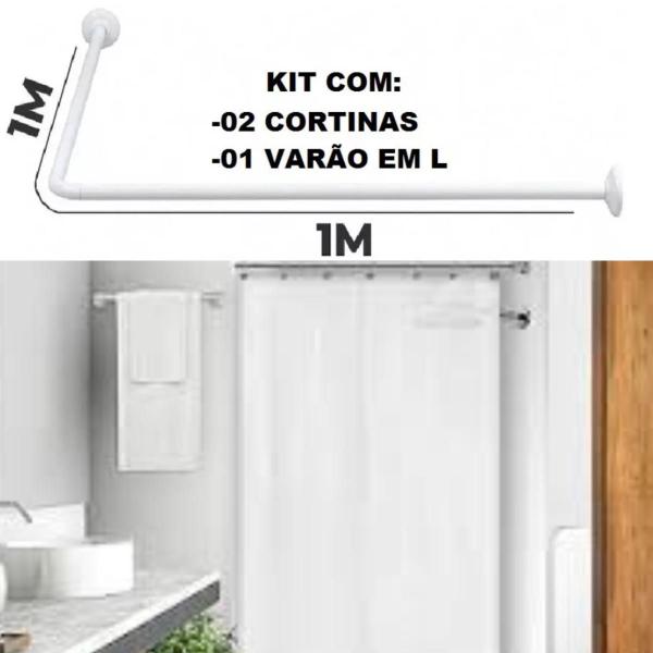 Imagem de Kit Varao em L Suporte haste Banheiro Box BRANCO 100X100cm + 2 Cortina Box LISA - BRANCA