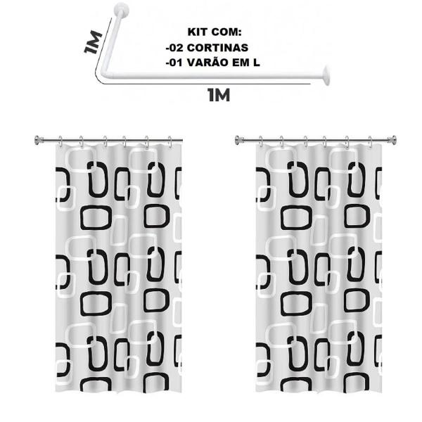 Imagem de Kit Varao em L Suporte haste Banheiro Box Preto 100X100cm + 2 Cortina Box Ibiza