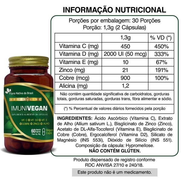 Imagem de Kit Vegan Imuni (Vitamina C + D2 + E + Cobre + Zinco) 3x 60 Capsulas Vegana Cada - Flora Nativa