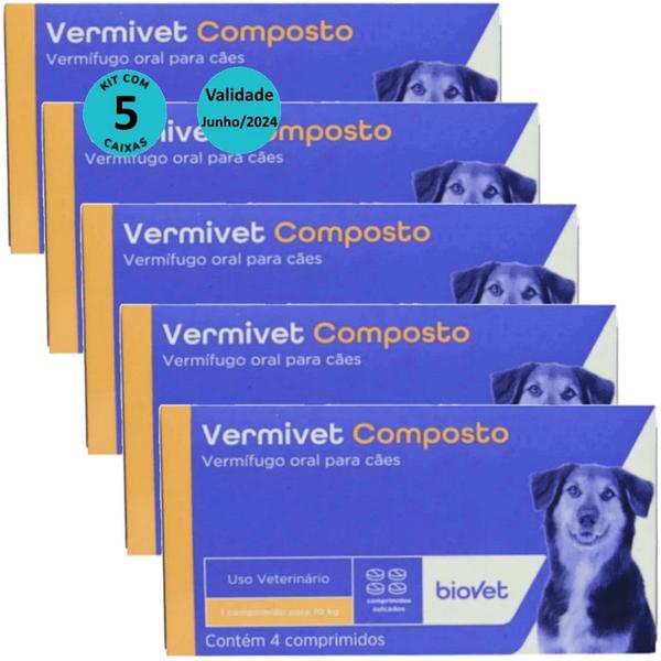 Imagem de Kit Vermífugo Vermivet Composto Biovet 600mg c/ 4 Comprimidos C/ 5 unidades