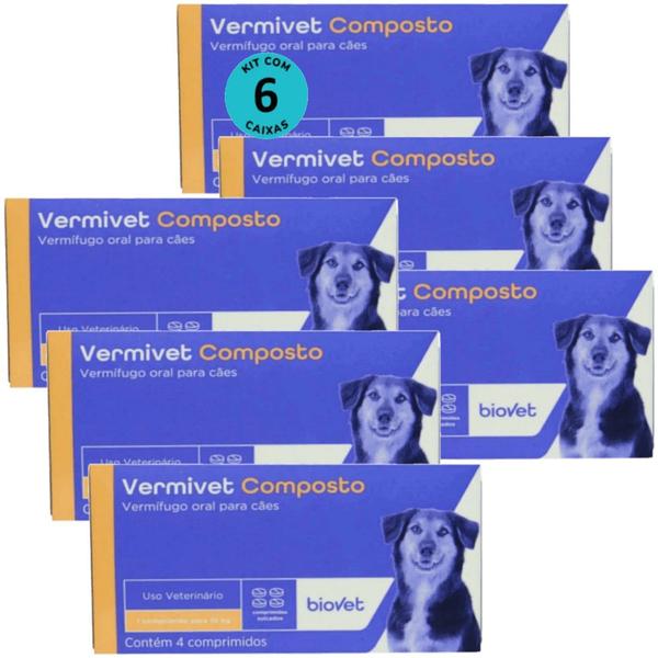 Imagem de Kit Vermífugo Vermivet Composto Biovet 600mg c/ 4 Comprimidos C/ 6 unidades