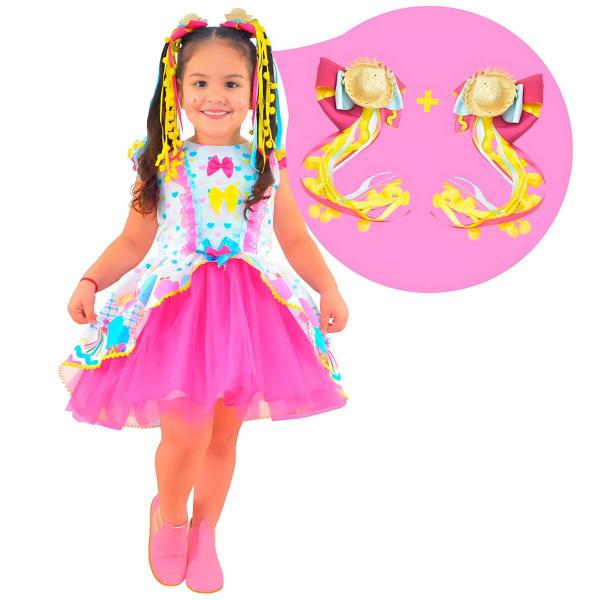 Imagem de Kit Vestido Festa Junina São Joao Quadrilha Tule Rosa + 2 Laço para Cabelo