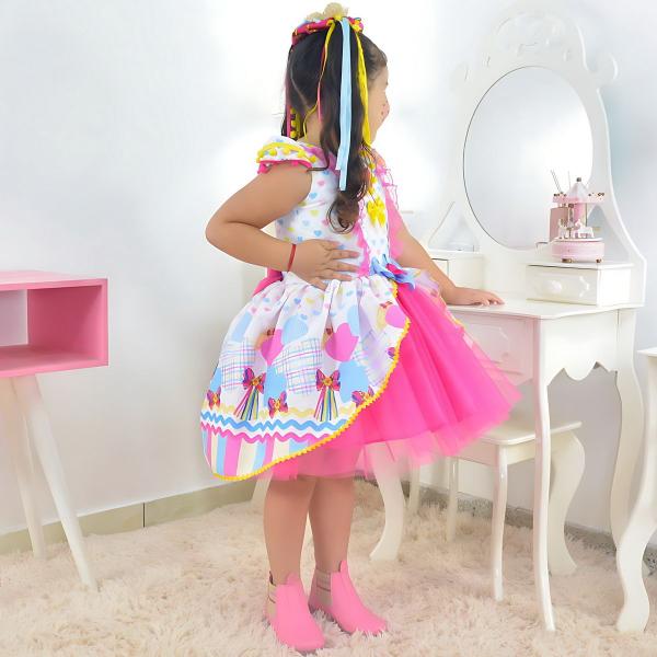 Imagem de Kit Vestido Festa Junina São Joao Quadrilha Tule Rosa + 2 Laço para Cabelo