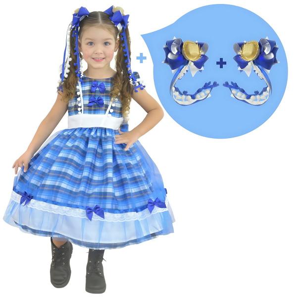 Imagem de Kit Vestido infantil Festa Junina São Joao Quadrilha Xadrez Azul + 2 laços