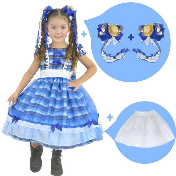 Imagem de Kit Vestido infantil Festa Junina São Joao Quadrilha Xadrez Azul + 2 laços + saia de filó