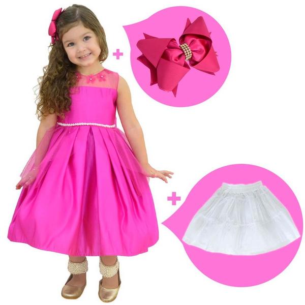 Imagem de Kit Vestido Rosa Pink Tule Ilusion + 1 laço + saia de filó