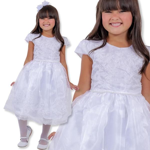 kit vestido tutu branco infantil menina c/ laço de cabelo para