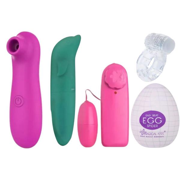 Imagem de Kit Vibrador Feminino 5 Itens Sugador Golfinho