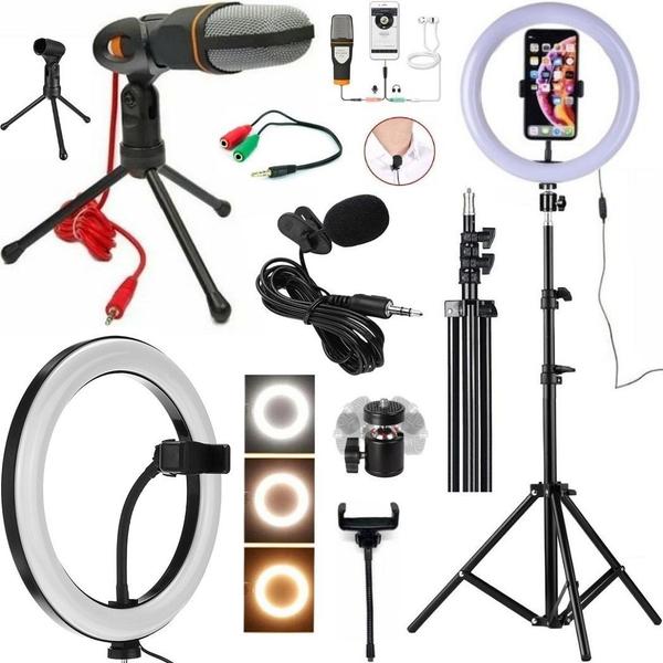 Imagem de Kit Vídeo Aula Profissional Luz Ring Light Tripé 2m Microfone Condensador mesa celular note home office