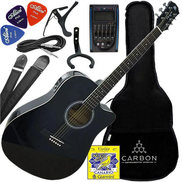 Imagem de Kit Violao Eletroacústico Aço Folk Marques Va01 EQ BK Preto Vx02