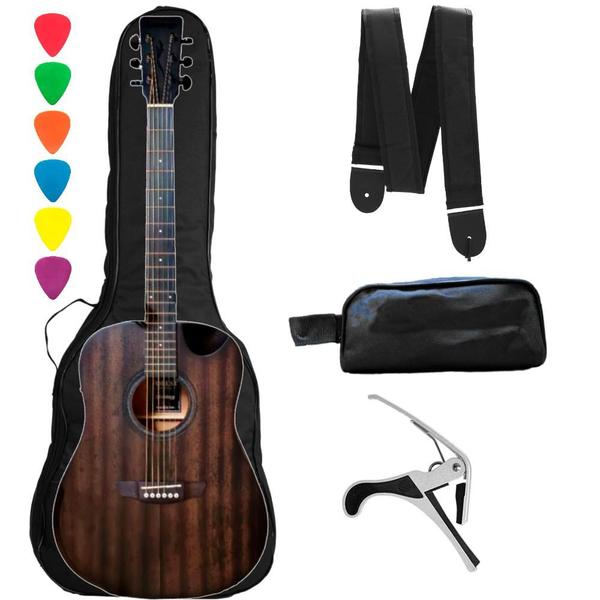 Imagem de Kit Violão Eletroacustico Strinberg Forest FS4D HCR Tabaco Satin c/ Half Cutaway + Acessorios