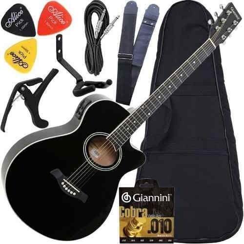 Imagem de Kit Violão Giannini Eletroacústico Completo Aço Gsf1r Preto