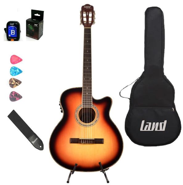 Imagem de Kit violão land eletroacústico nylon sunburst capa correia afinador