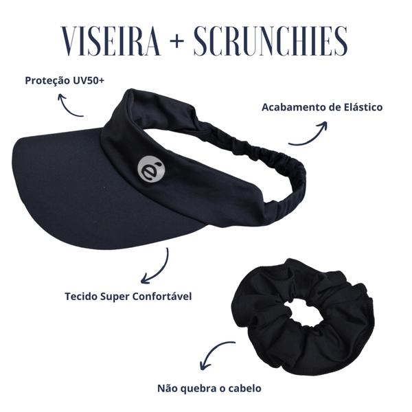 Imagem de Kit Viseira + Scrunchie Praia Piscina Vôlei Beach Tênis para atividades fitness Proteção Solar UV50+