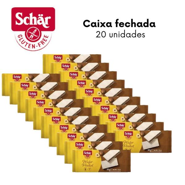 KIT Wafer recheado com creme de avelã wafer pocket Dr. Schar 50g - Caixa com 20 unidades Imagem de KIT Wafer recheado com creme de avelã wafer pocket Dr. Schar 50g - Caixa com 20 unidades