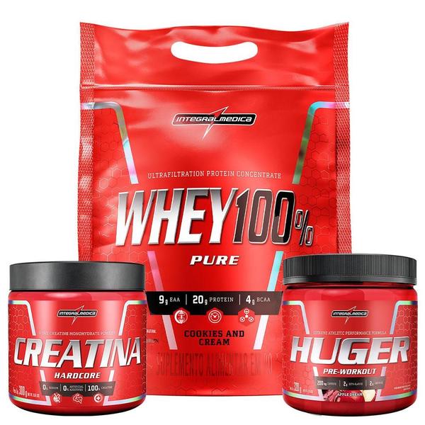 Kit Whey 100% 900g Pouch Cookies and Cream + Creatina 100% Pura 300g + Huger 320g - Integralmedica Imagem de Kit Whey 100% 900g Pouch Cookies and Cream + Creatina 100% Pura 300g + Huger 320g