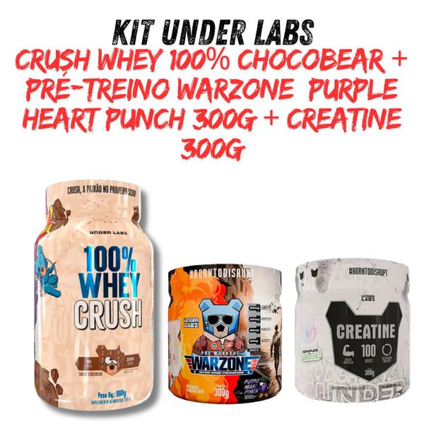 Imagem de Kit Whey 100% Crush Concentrada Chocobear 900g + Creatine Borntodisrupt 300g + Warzone Purple Heart 