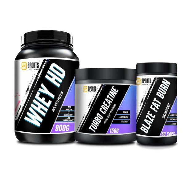 Kit Whey 100%HD 900g + Creatina 150g + Termogênico Blaze Fat Burn 60 Caps - Sports Supplements Imagem de Kit Whey 100%HD 900g + Creatina 150g + Termogênico Blaze Fat Burn 60 Caps - Sports Supplements