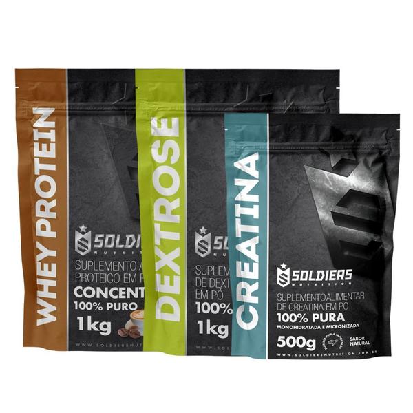 Kit: Whey Concentrado 2Kg + Dextrose 1Kg + Creatina Monohidratada 500g - 100% Importado - Soldiers Nutrition Imagem de Kit: Whey Concentrado 2Kg + Dextrose 1Kg + Creatina Monohidratada 500g - 100% Importado - Soldiers Nutrition