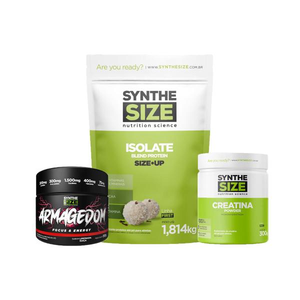 Imagem de Kit Whey Isolate Refil 1814g Beijinho + Armagedom 150g Limonada Suíça + Creatina 300g Synthesize