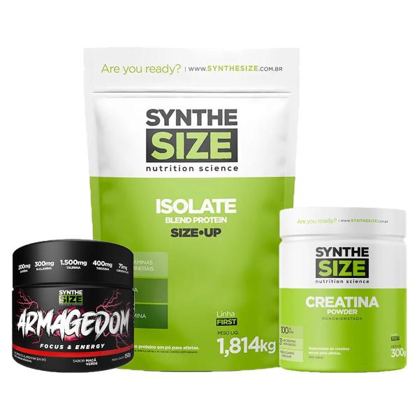 Imagem de Kit Whey Isolate Refil 1814g Cappuccino + Armagedom 150g Maçã-Verde + Creatina 300g Synthesize