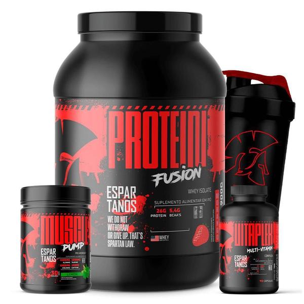 Imagem de Kit Whey Morango, Pré-Treino, Multivitamínico Espartanos