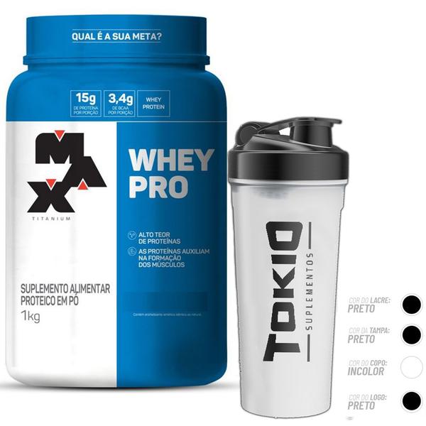 Imagem de Kit Whey Pro Pote 1kg Max Titanium + Coqueteleira Tokio