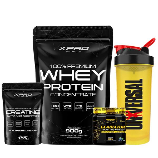 Imagem de Kit Whey Protein 100% 900g + Creatina 100g - XPRO + Gladiator 150g - Pretorian + Coquet - Universal