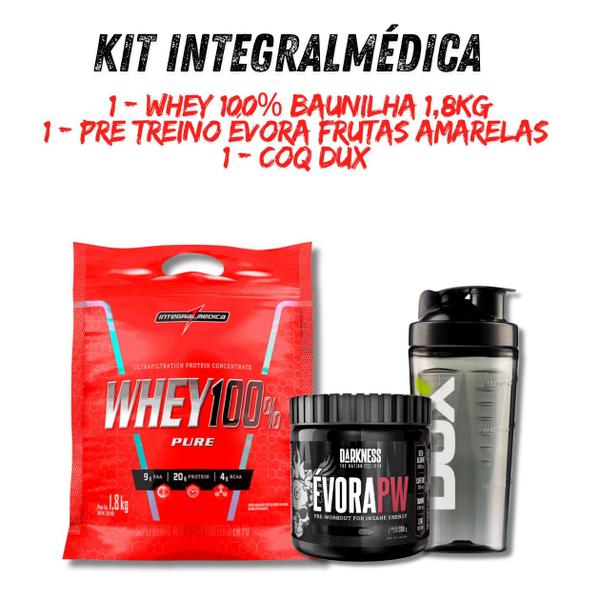 Imagem de Kit Whey Protein 100% Concentrado Baunilha 1,8kg Integralmedica + Pre Treino Pre Workout Évora Frutas Amarelas Pote 300gr + Coqueteleira Dux 