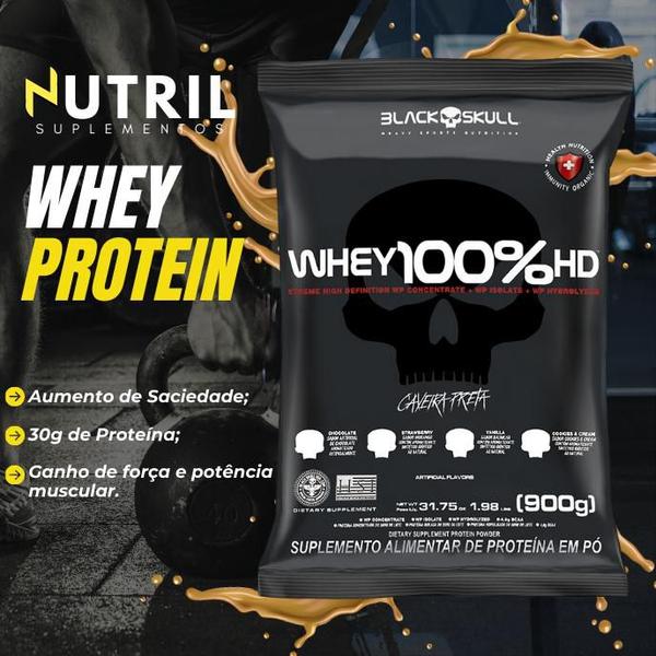 Imagem de Kit Whey Protein 100% HD Pure 900g REFIL + Thermo Flame Termogênico 120 Tabletes + Coqueteleira 600ml - KIT BLACK SKULL