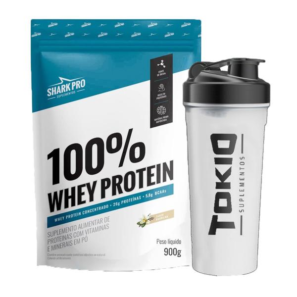 Imagem de Kit Whey Protein 100% Refil 900g Sabor Baunilha + Coqueteleira Tokio Transparente 600ml