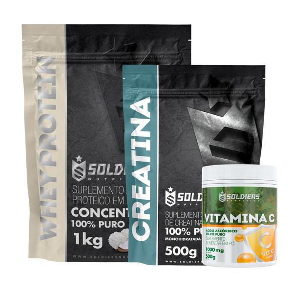 Imagem de Kit: Whey Protein Concentrado 1Kg + Creatina Monohidratada 500g + Vitamina C Em Pó 500g - 100% Importado - Soldiers Nutr