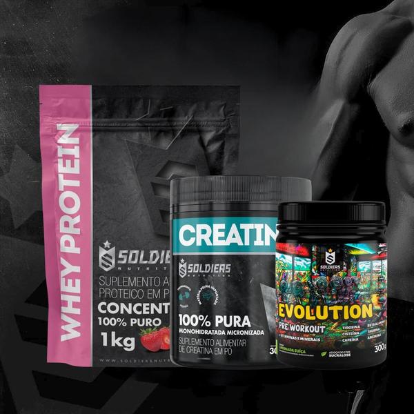 Imagem de Kit: Whey Protein Concentrado 1kg+Creatina Monohidratada Pote 300g - 100% Pura+Pré-Treino Evolution Pré Workout 300g - S