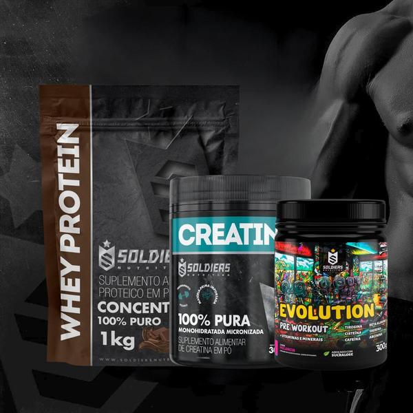 Imagem de Kit: Whey Protein Concentrado 1kg+Creatina Monohidratada Pote 300g - 100% Pura+Pré-Treino Evolution Pré Workout 300g - S