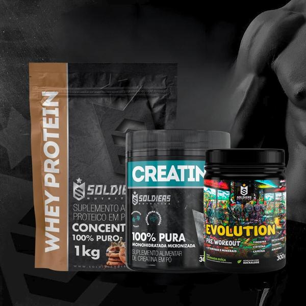 Imagem de Kit: Whey Protein Concentrado 1kg+Creatina Monohidratada Pote 300g - 100% Pura+Pré-Treino Evolution Pré Workout 300g - S