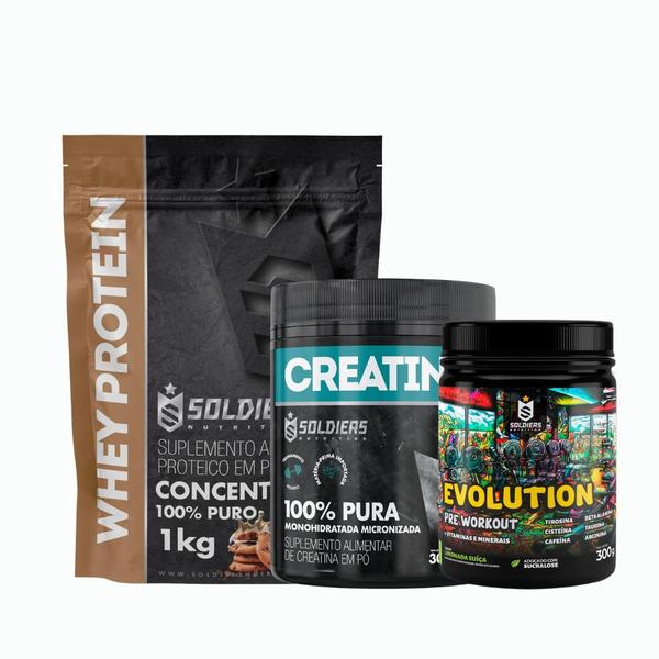 Imagem de Kit: Whey Protein Concentrado 1kg+Creatina Monohidratada Pote 300g - 100% Pura+Pré-Treino Evolution Pré Workout 300g - S