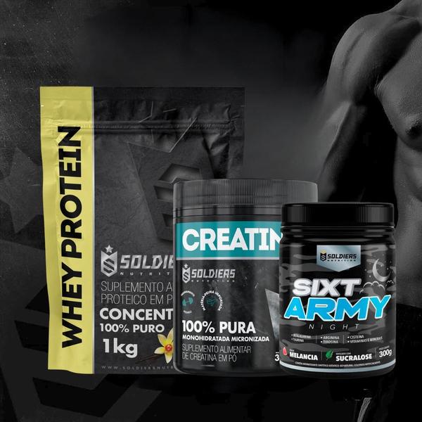 Imagem de Kit: Whey Protein Concentrado 1kg+Creatina Monohidratada Pote 300g - 100% Pura+Pré-Treino Sixt Army Night 300g - Soldier