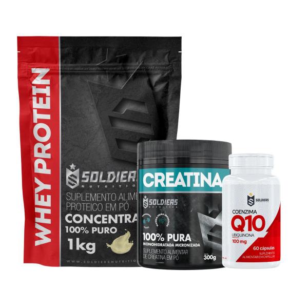 Imagem de Kit: Whey Protein Concentrado 1kg + Creatina Monohidratada Pote 300g + Coenzima Q10 100mg - Soldiers Nutrition