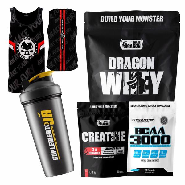 Kit Whey Protein Dragon Whey + Creatina Black + Bcaa 3000 + Regata + Coqueteleira - Snake Dragon/Furious Nutrition Imagem de Kit Whey Protein Dragon Whey + Creatina Black + Bcaa 3000 + Regata + Coqueteleira