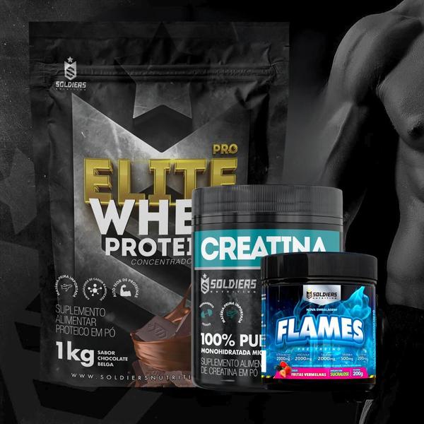 Imagem de Kit: Whey Protein Elite 1kg + Creatina Monohidratada Pote 300g - 100% Pura + Pré-Treino Flames 200g - Soldiers Nutritio