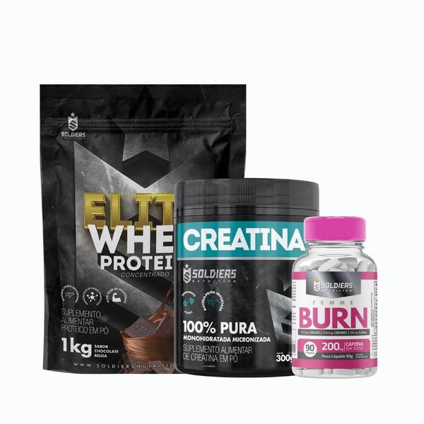 Imagem de Kit:Whey Protein Elite-Pro 1kg Creatina Monohidratada Pote 300g -100 PuraTermogênico Femme Burn 90g - Soldiers Nutrition