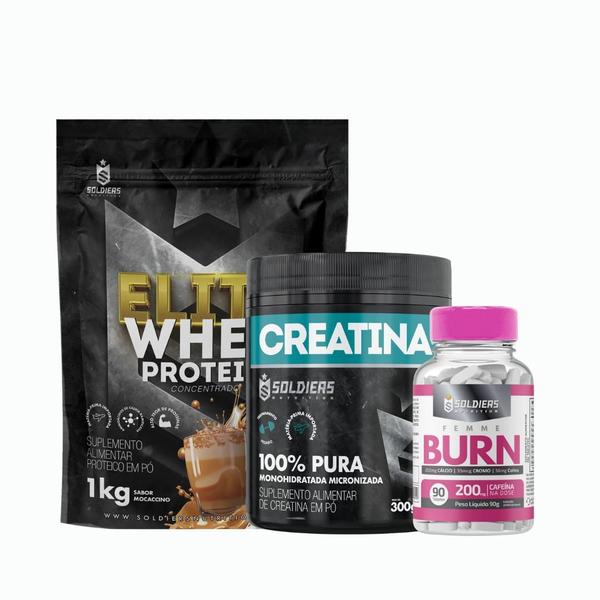 Imagem de Kit:Whey Protein Elite-Pro 1kg Creatina Monohidratada Pote 300g -100 PuraTermogênico Femme Burn 90g - Soldiers Nutrition