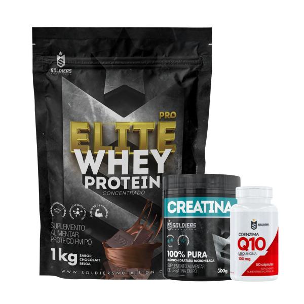 Imagem de Kit: Whey Protein Elite-Pro 1kg + Creatina Monohidratada Pote 300g + Coenzima Q10 100mg - Soldiers Nutrition