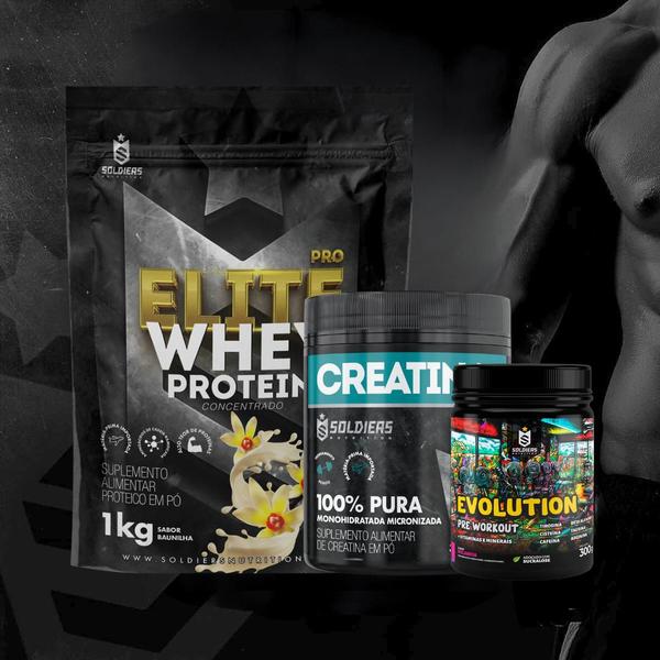 Imagem de Kit: Whey Protein Elite-Pro 1kg+Creatina Monohidratada Pote300g 100% Pura+Pré-Treino Sixt Army300g Night 300g - Soldiers