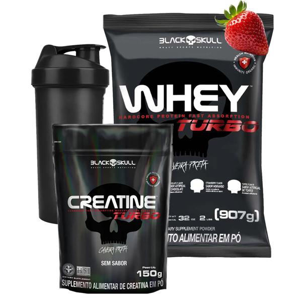 Imagem de Kit Whey Protein Turbo + Creatina Black Skull+ Coqueteleira 