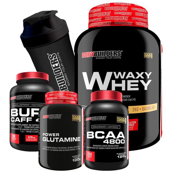 Imagem de Kit Whey Protein Waxy Whey - 2kg Bau + Cafeína + BCAA 250 Cáps + Glutamina + Coq 600ml- Bodybuilders