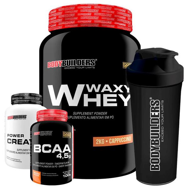 Imagem de Kit Whey Protein Waxy Whey Pote 2kg + BCAA 4,5 100g + Power Creatina 100g + Coqueteleira 600ml - Kit para Ganho de Massa Muscular e Força- 