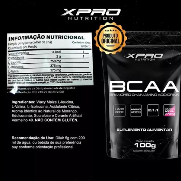 Imagem de Kit  Whey Refil 900g + Creatina 100g + Bcaa em Pó 2:1:1 Sabor Morango + Coqueteleira X Pro Nutrition