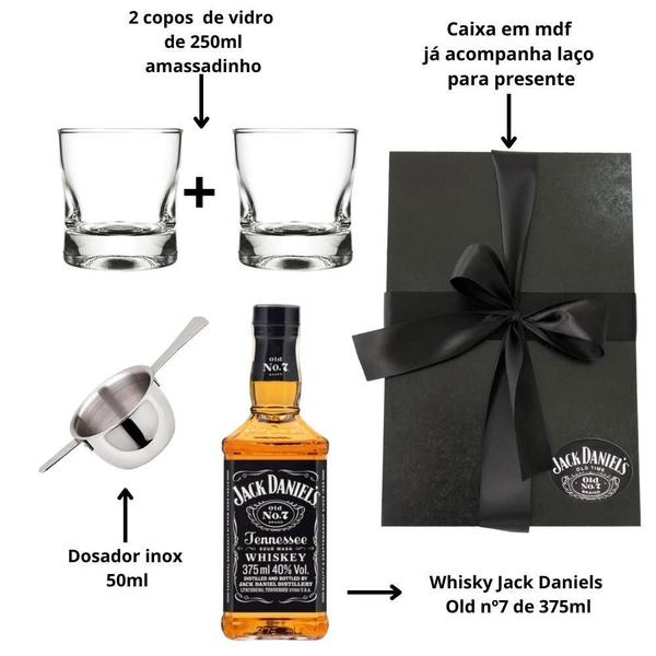 Imagem de Kit Whisky Jack Daniels Presente + 2 Copos Vidro + Dosador