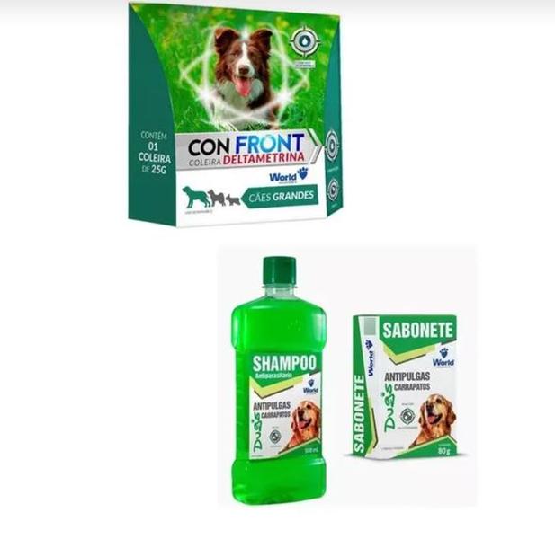 Imagem de Kit Wold Coleira Confront Deltametria 25g + Shampoo e sabonete Dugs - World